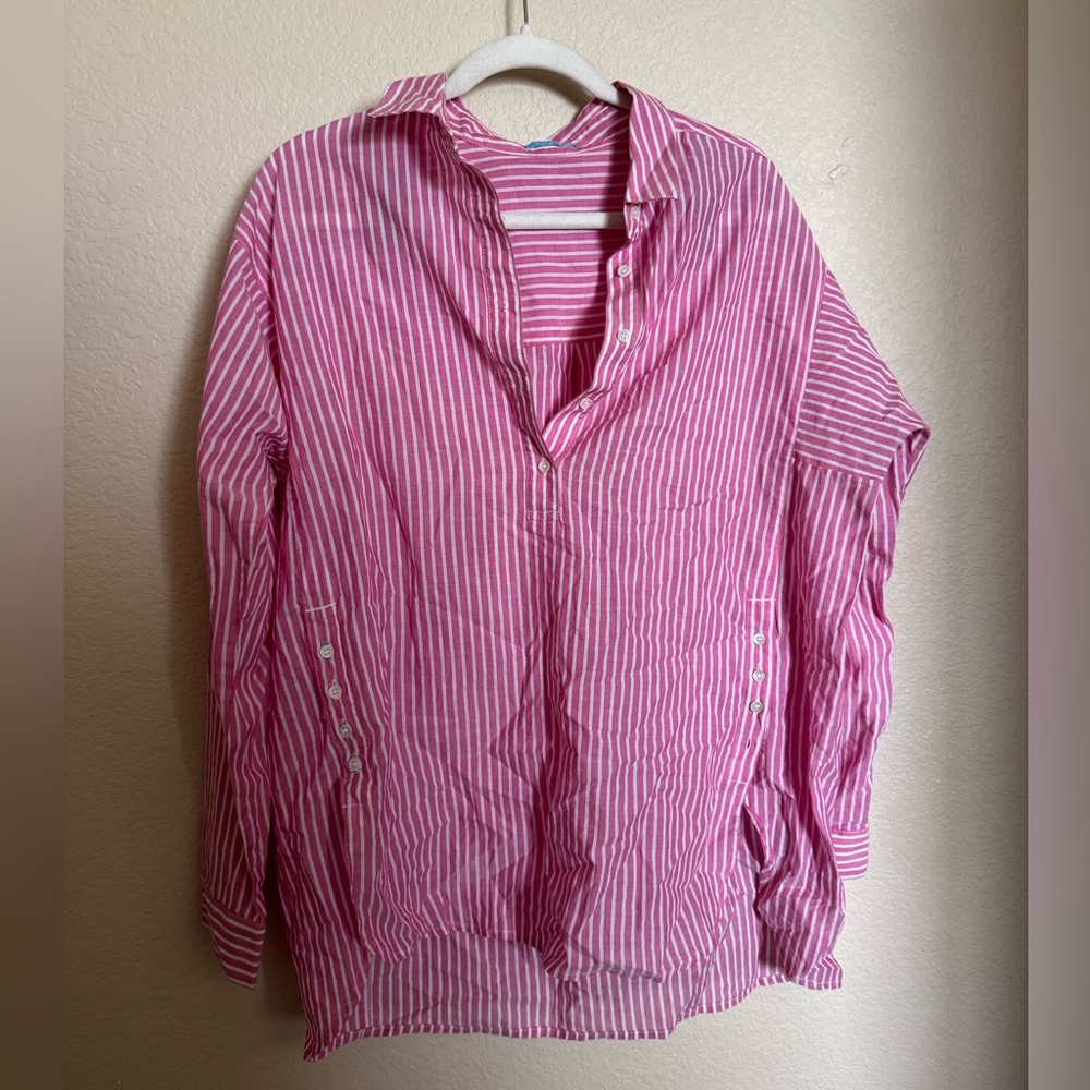 J. Mclaughlin Pop Over Tunic Blouse Sz Large Pink‎ Striped Side Button Cotton